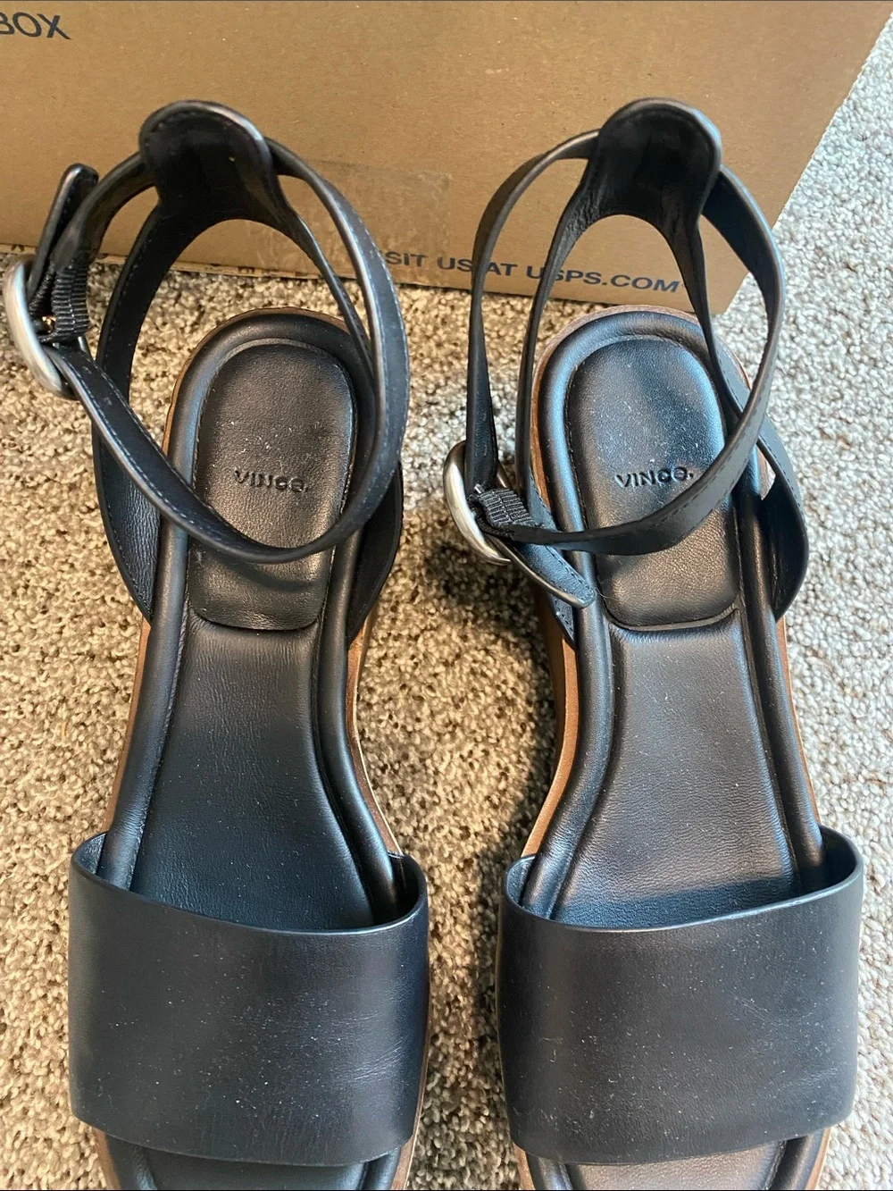 Vince Black Leather Ankle-Strap Wedge Sandals with Brown Platform
